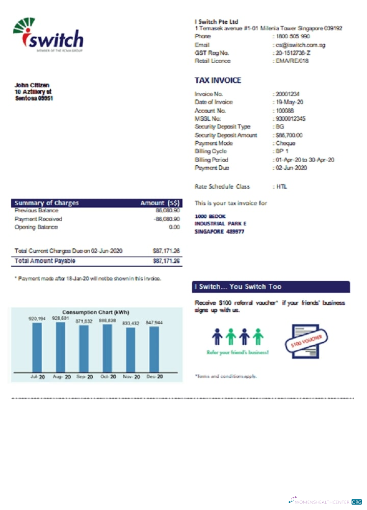 download Singapore I Switch electricity utility bill template in Word and PDF format PDF template